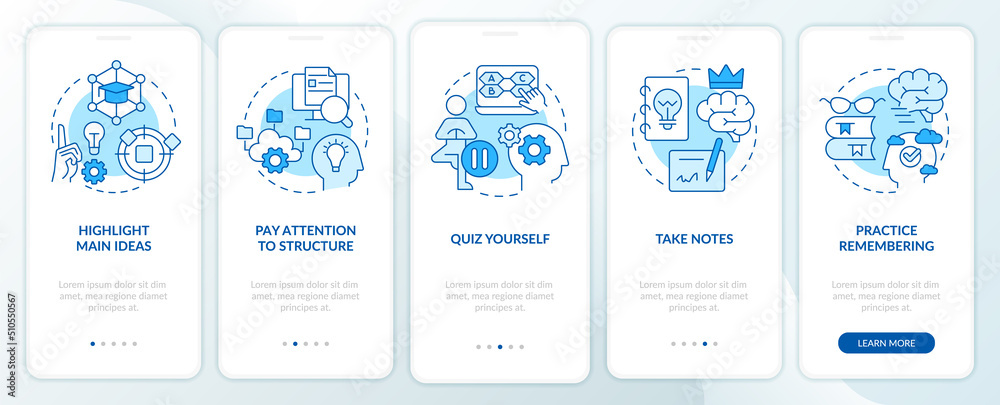 Learning and memorizing techniques blue onboarding mobile app screen. Walkthrough 5 steps editable graphic instructions with linear concepts. UI, UX, GUI template. Myriad Pro-Bold, Regular fonts used