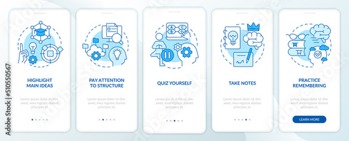 Learning and memorizing techniques blue onboarding mobile app screen. Walkthrough 5 steps editable graphic instructions with linear concepts. UI, UX, GUI template. Myriad Pro-Bold, Regular fonts used