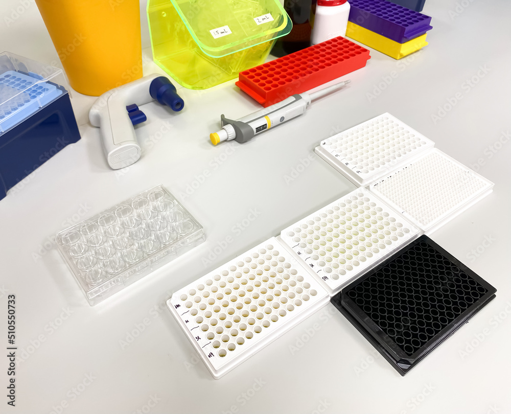 Different types of multiwell plates on the laboratory bench. Such