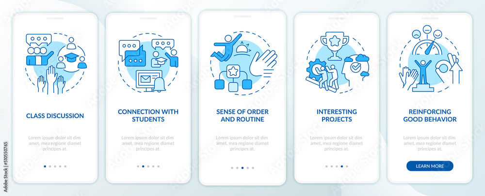 Healthy learning environament blue onboarding mobile app screen. Walkthrough 5 steps editable graphic instructions with linear concepts. UI, UX, GUI template. Myriad Pro-Bold, Regular fonts used