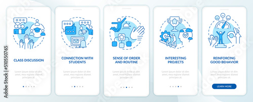 Healthy learning environament blue onboarding mobile app screen. Walkthrough 5 steps editable graphic instructions with linear concepts. UI, UX, GUI template. Myriad Pro-Bold, Regular fonts used