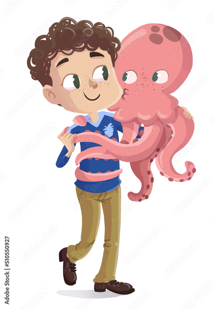 Children's illustration of a boy with an octopus hugging Children's illustration of a boy with an octopus hugging