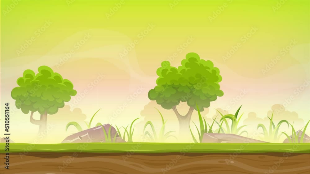 Seamless Forest Landscape Animation For Ui Game/ nimation of a cartoon seamless green nature forest background with parallax motion effect, grass, rocks and trees for ui game
