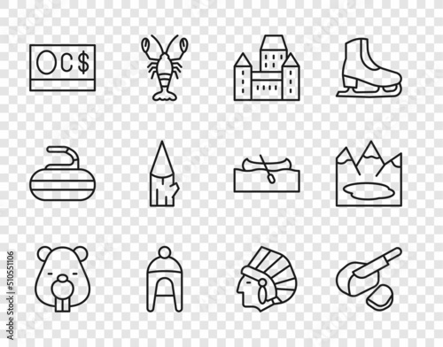 Set line Beaver animal, Peameal bacon, Chateau Frontenac hotel, Winter, Canadian dollar, Wooden log, Native American Indian and lake icon. Vector