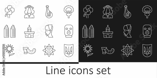 Set line Ukrainian trident, Thief mask, Bandura, Church building, Two towers Dnipro, Poppy flower, cossack and woman icon. Vector