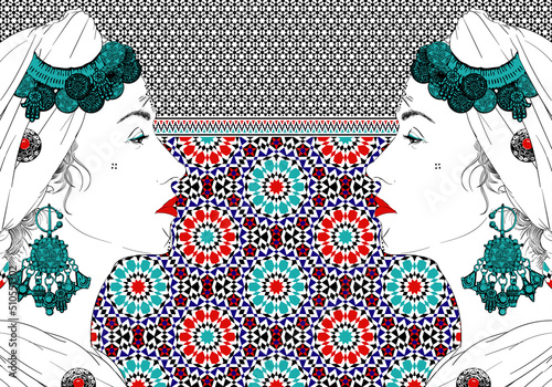 Arabic woman face mosaic vector illustration. red blue and green colors