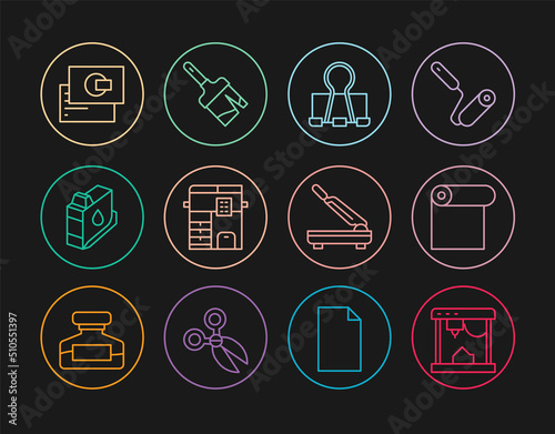 Set line 3D printer, Roll of paper, Binder clip, Copy machine, Printer ink cartridge, Business card, Paper cutter and Paint brush icon. Vector