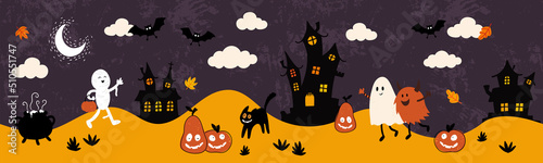 Cute hand drawn halloween seamless pattern with creepy houses, dressed up kids and decoration, great for textiles, banners, wallpapers, wrapping - vector design