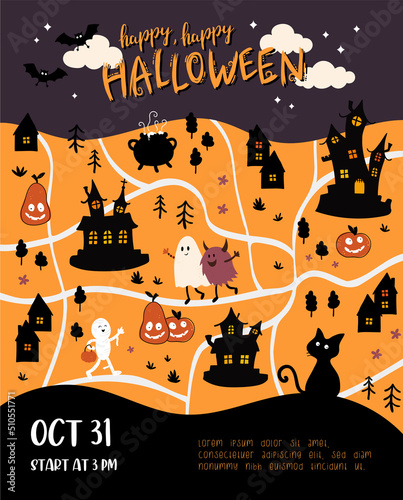 Cute hand drawn halloween design with creepy houses, dressed up kids and decoration, great for textiles, banners, wallpapers, wrapping - vector design