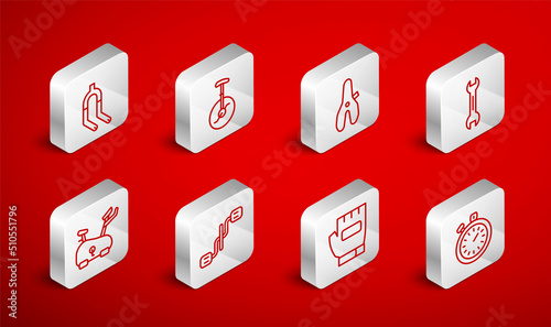 Set line Stopwatch, Unicycle or one wheel bicycle, Bicycle seat, Wrench spanner, Gloves, fork, pedals and Stationary icon. Vector