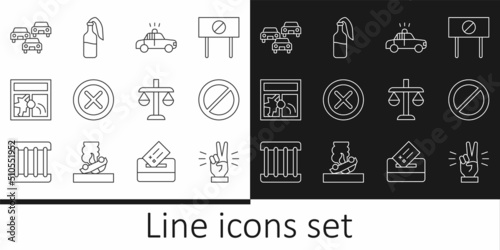 Set line Hand showing two finger, Ban, Police car flasher, X Mark, Cross circle, Broken window, Traffic jam, Scales of justice and Cocktail molotov icon. Vector