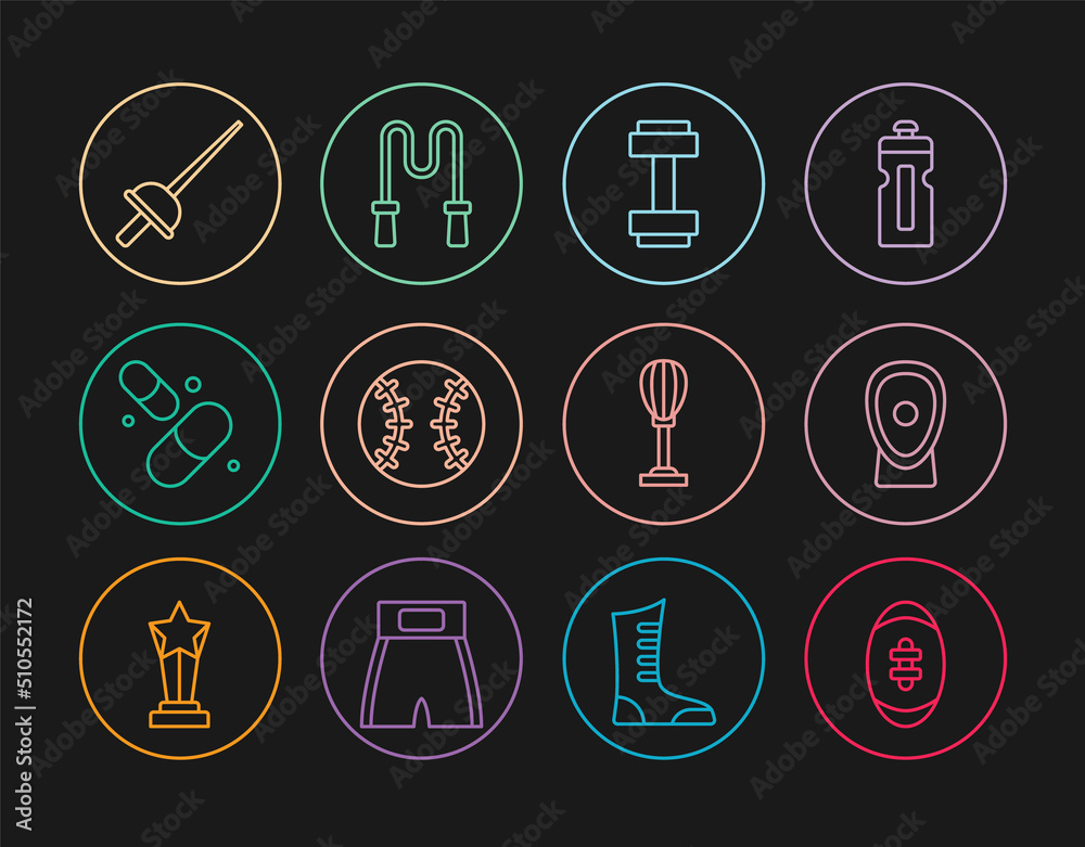 Set line American Football ball, Boxing training paws, Dumbbell, Baseball, Vitamin pill, Fencing, Punching bag and Jump rope icon. Vector Set line American Football ball, Boxing training paws, Dumbbell, Baseball, Vitamin pill, Fencing, Punching bag and Jump rope icon. Vector