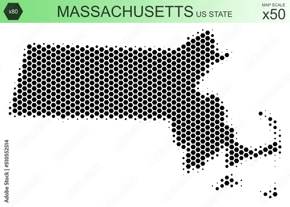 Dotted map of the state of Massachusetts in the USA, from hexagons, on a scale of 50x50 elements. With smooth edges in black on a white background. With a dotted element size of 80 percent.