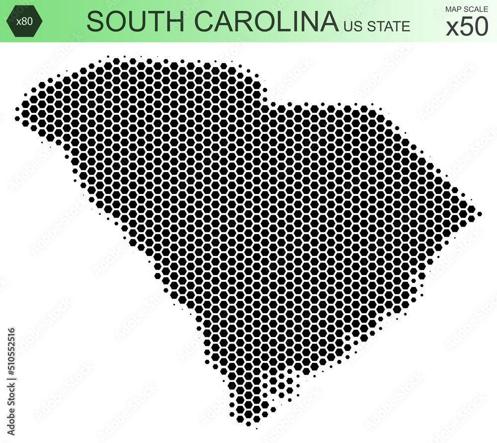 Dotted map of the state of South Carolina in the USA, from hexagons, on a scale of 50x50 elements. With smooth edges in black on a white background. With a dotted element size of 80 percent.