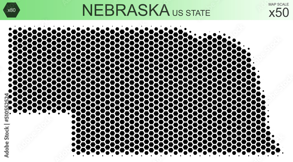 Dotted map of the state of Nebraska in the USA, from hexagons, on a