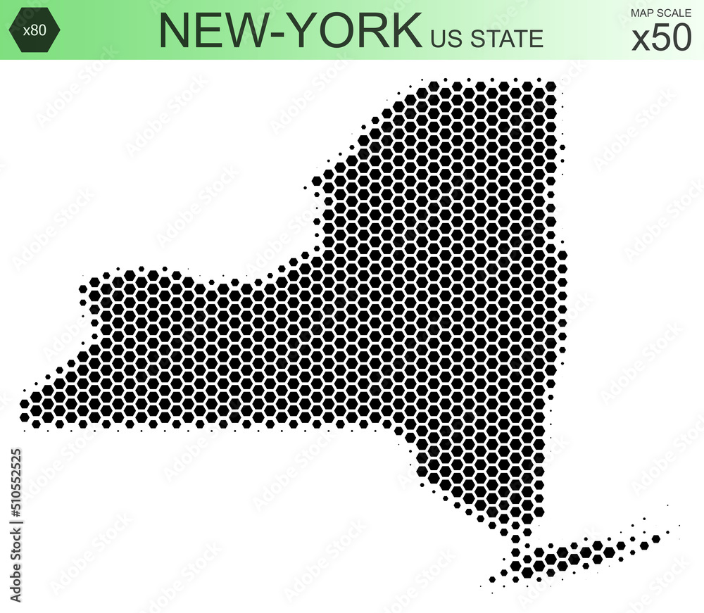 Dotted map of the state of New-York in the USA, from hexagons, on a scale of 50x50 elements. With smooth edges in black on a white background. With a dotted element size of 80 percent.