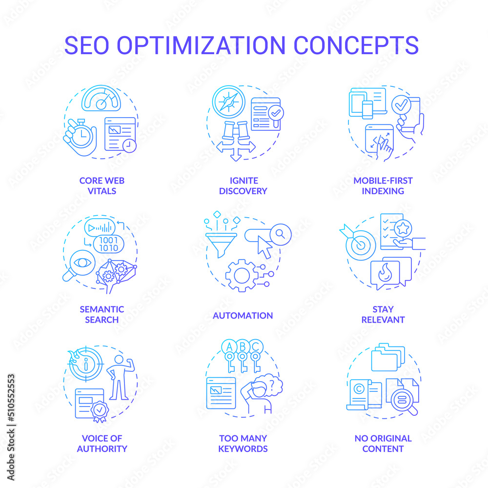 SEO optimization blue gradient concept icons set. Internet marketing. Website promotion idea thin line color illustrations. Isolated symbols. Roboto-Medium, Myriad Pro-Bold font used