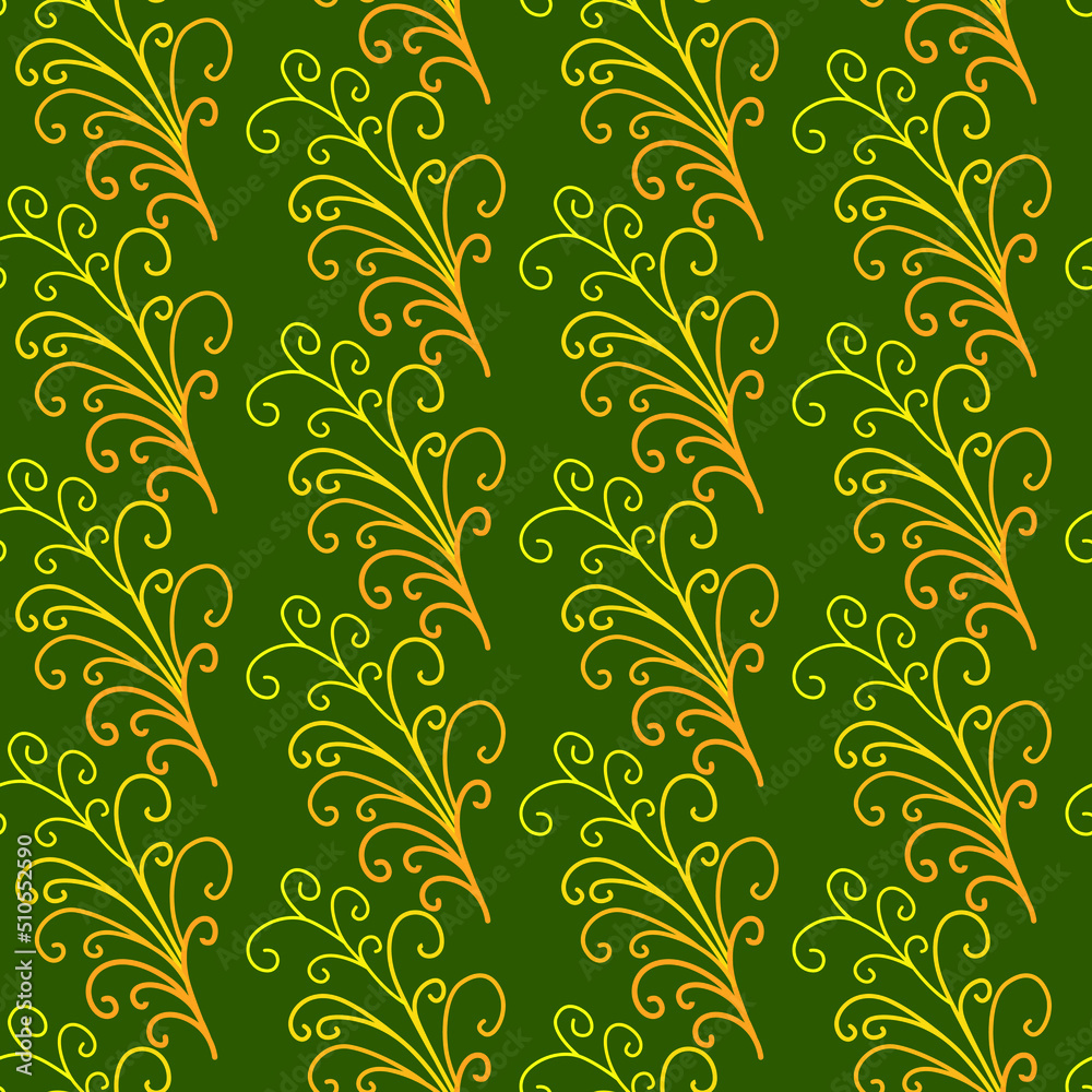 Simple vector pattern drawing for printing. Pattern with yellow curls on a green background.