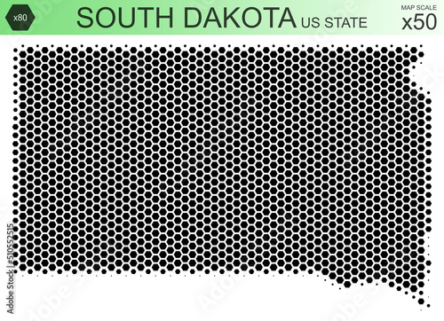 Dotted map of the state of South Dakota in the USA, from hexagons, on a scale of 50x50 elements. With smooth edges in black on a white background. With a dotted element size of 80 percent. photo