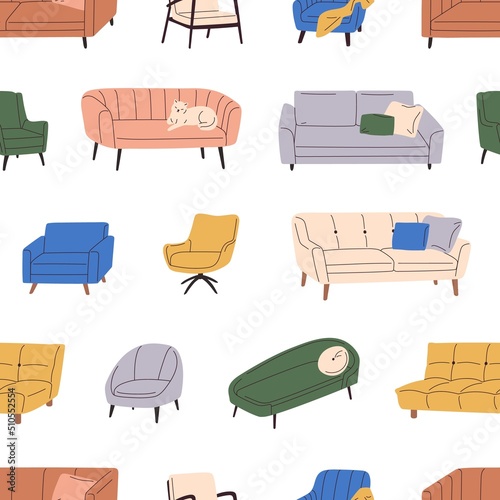 Furniture pattern with cozy soft armchairs, sofas. Seamless background with retro couches, cushions for living room interior. Endless texture with repeating print. Colored flat vector illustration