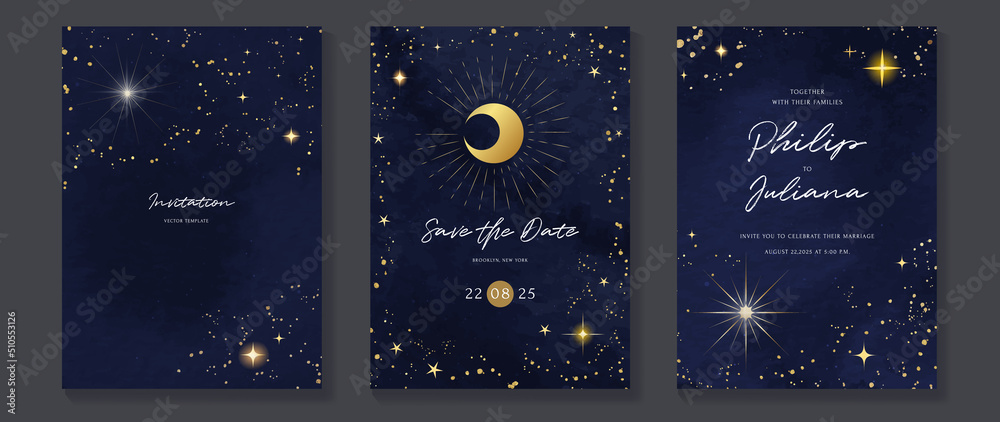 Galaxy themed wedding invitation vector template. Collection of luxury save the date card with watercolor, moon, gold sparkle. Starry night cover design for background, greeting, brochure, flyer. - obrazy, fototapety, plakaty 