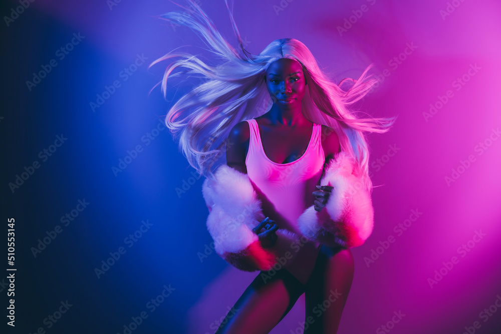 Photo of hot attractive charming lady go to club feel confident wear high fashion isolated on pink blue color background