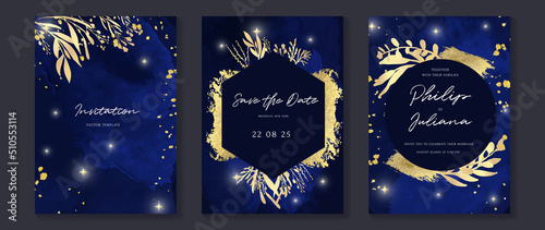 Galaxy themed wedding invitation vector template. Collection of luxury save the date card with watercolor, leaf, gold sparkle. Starry night cover design for background, greeting, brochure, flyer.