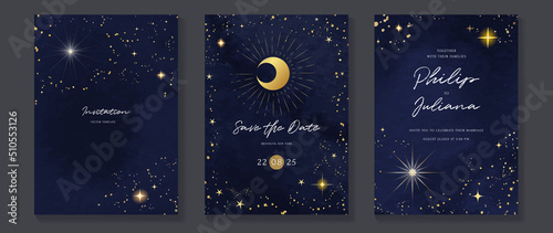 Galaxy themed wedding invitation vector template. Collection of luxury save the date card with watercolor, moon, gold sparkle. Starry night cover design for background, greeting, brochure, flyer. photo