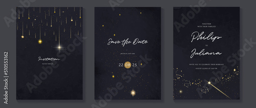 Galaxy themed wedding invitation vector template. Collection of luxury save the date card with watercolor, star, gold sparkle. Starry night cover design for background, greeting, brochure, flyer. photo