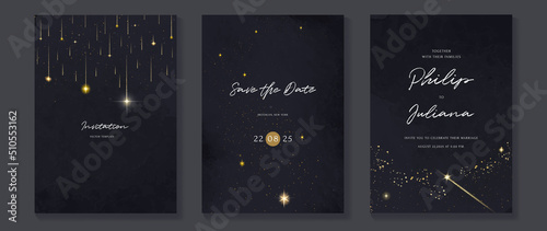 Galaxy themed wedding invitation vector template. Collection of luxury save the date card with watercolor, star, gold sparkle. Starry night cover design for background, greeting, brochure, flyer.