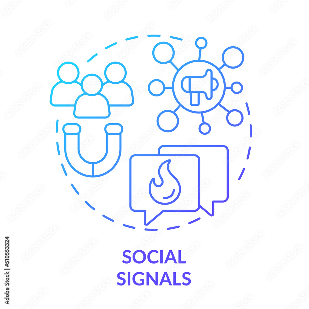 Social signals blue gradient concept icon. Social media shares and promotion. SEO ranking factor abstract idea thin line illustration. Isolated outline drawing. Myriad Pro-Bold font used Social signals blue gradient concept icon. Social media shares and promotion. SEO ranking factor abstract idea thin line illustration. Isolated outline drawing. Myriad Pro-Bold font used