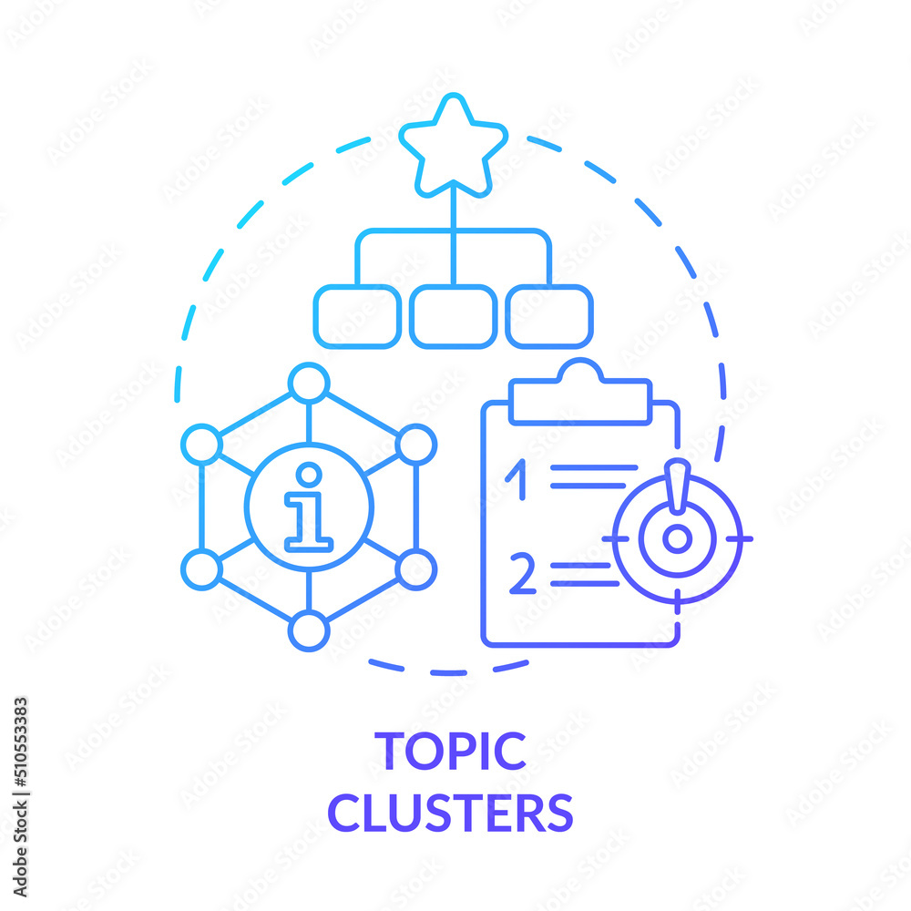 Topic clusters blue gradient concept icon. Website structure and organization. Advanced SEO technique abstract idea thin line illustration. Isolated outline drawing. Myriad Pro-Bold font used Topic clusters blue gradient concept icon. Website structure and organization. Advanced SEO technique abstract idea thin line illustration. Isolated outline drawing. Myriad Pro-Bold font used