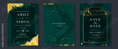 Galaxy themed wedding invitation vector template. Collection of luxury save the date card with watercolor, moon, gold sparkle. Starry night cover design for background, greeting, brochure, flyer.