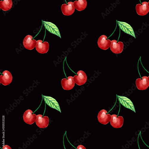 Watercolor seamless pattern, cute bright cherries on dark background. Simple pattern for various products etc.