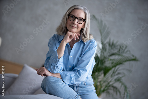 Portrait of charming senior woman with grey hair, smiling mature female sits on the couch and looks at the camera