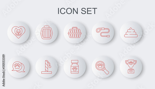 Set line Pet award, Paw print, carry case, Veterinary clinic, Heart with cat, Cat scratching post and Medicine bottle and pills icon. Vector
