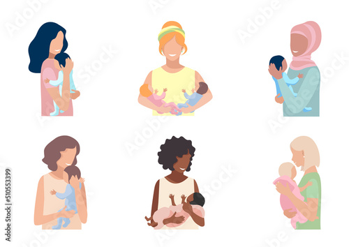 Mom with a baby in her arms after childbirth. The joy of motherhood. Love and care for children. Mothers Day. Set of vector illustration.