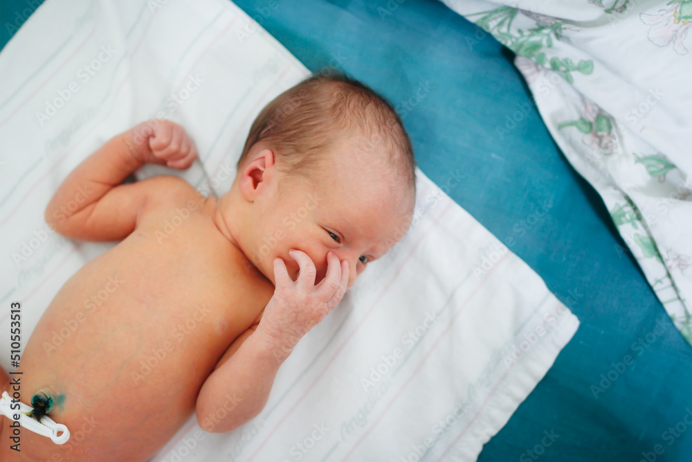 Newborn baby with clip on umbilical cord on diaper on bed, top view