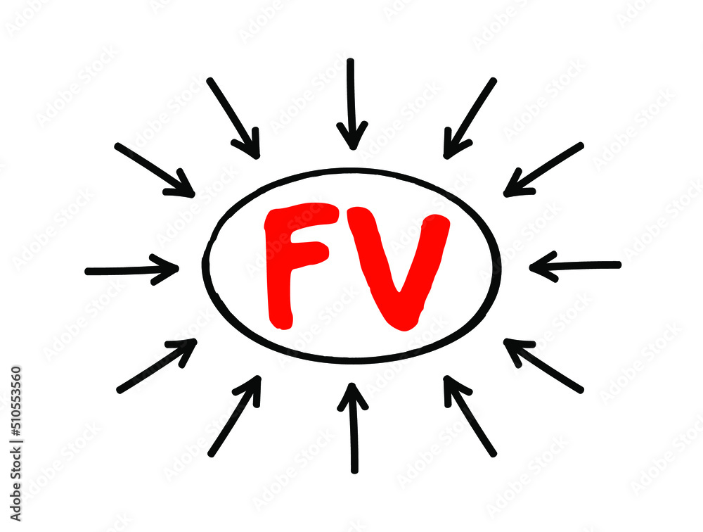 FV - Future Value is the value of an asset at a specific date, acronym text concept with arrows FV - Future Value is the value of an asset at a specific date, acronym text concept with arrows