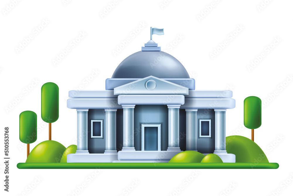 3D government building, vector court white house law exterior, city bank museum dome, university. Public administration justice office architecture illustration, capital congress entrance. 3D building - obrazy, fototapety, plakaty 
