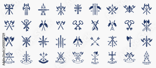 Weapon logos big vector set, vintage heraldic military emblems collection, classic style heraldry design elements, ancient knives spears and axes symbols.