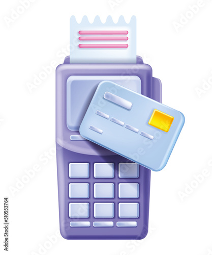 Payment terminal vector illustration, credit card, POS machine mobile bank device, PIN receipt. Isolated electronic cashless purchase icon, NFC transaction concept. Payment terminal business reader