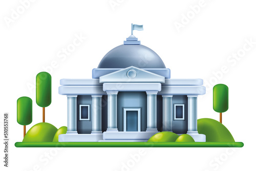 3D government building, vector court white house law exterior, city bank museum dome, university. Public administration justice office architecture illustration, capital congress entrance. 3D building