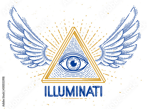 All seeing eye of god in sacred geometry triangle with bird wings of falcon or angel, masonry and illuminati symbol, vector logo or emblem design element.