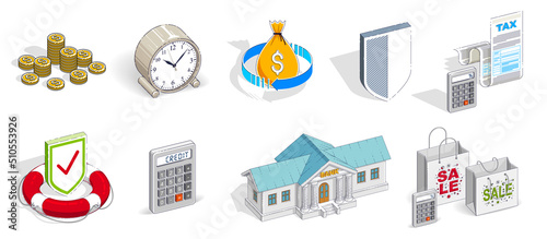 Business and finance concepts 3D vector illustrations set isolated on white background, money theme conceptual design collection, savings, bank, contract, income, safety, online.