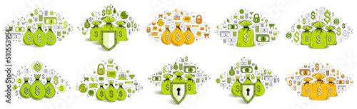Moneybag vector illustrations set with a lot of different signs and symbols, personal finance or savings concept collection.