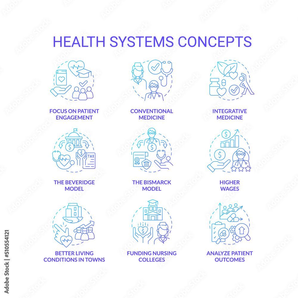 Health systems blue gradient concept icons set. Healthcare transformation idea thin line color illustrations. Integrative medicine. Isolated symbols. Roboto-Medium, Myriad Pro-Bold fonts used