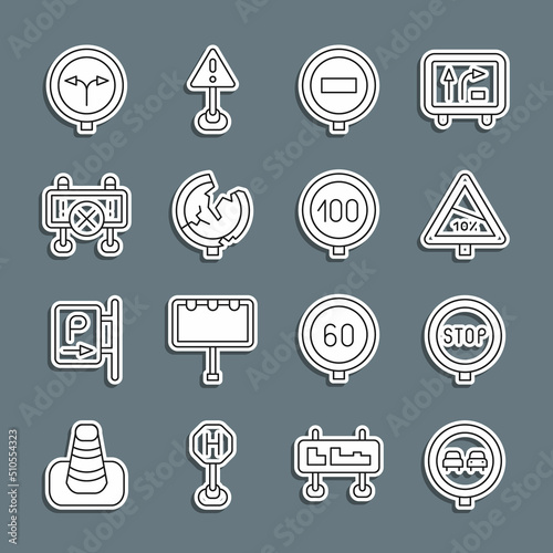 Set line No overtaking road traffic, Stop sign, Steep ascent and descent, Road, barrier, Fork the and Speed limit icon. Vector