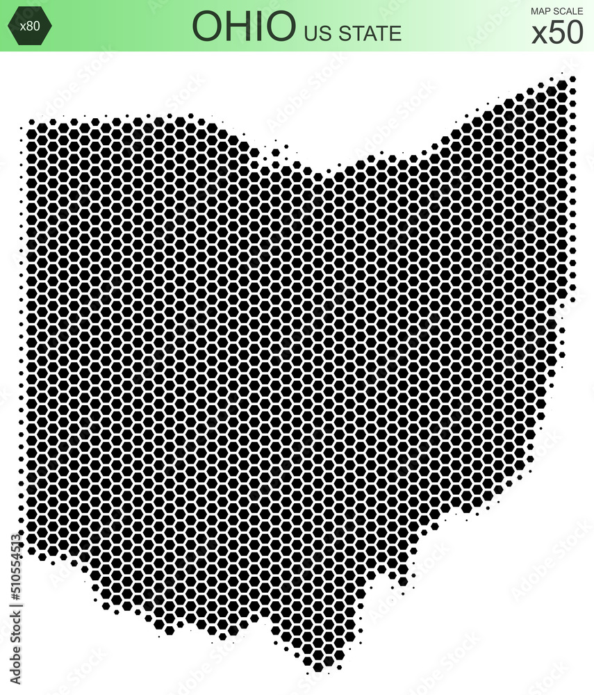 Dotted map of the state of Ohio in the USA, from hexagons, on a scale of 50x50 elements. With smooth edges in black on a white background. With a dotted element size of 80 percent.