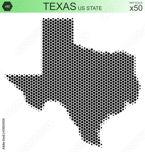 Dotted map of the state of Texas in the USA, from hexagons, on a scale of 50x50 elements. With smooth edges in black on a white background. With a dotted element size of 80 percent.